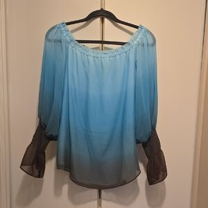 White House Black Market Blue and Brown  Off-Shoulder Blouse
